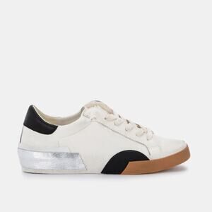 Dolce Vita Women's Zina Low Top Leather Sneakers White Black Metallic Silver 8